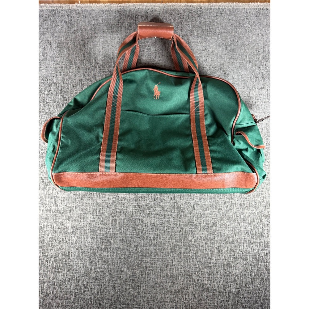 Polo Ralph Lauren Green Canvas Duffel Bag Brown Trim Travel Weekender